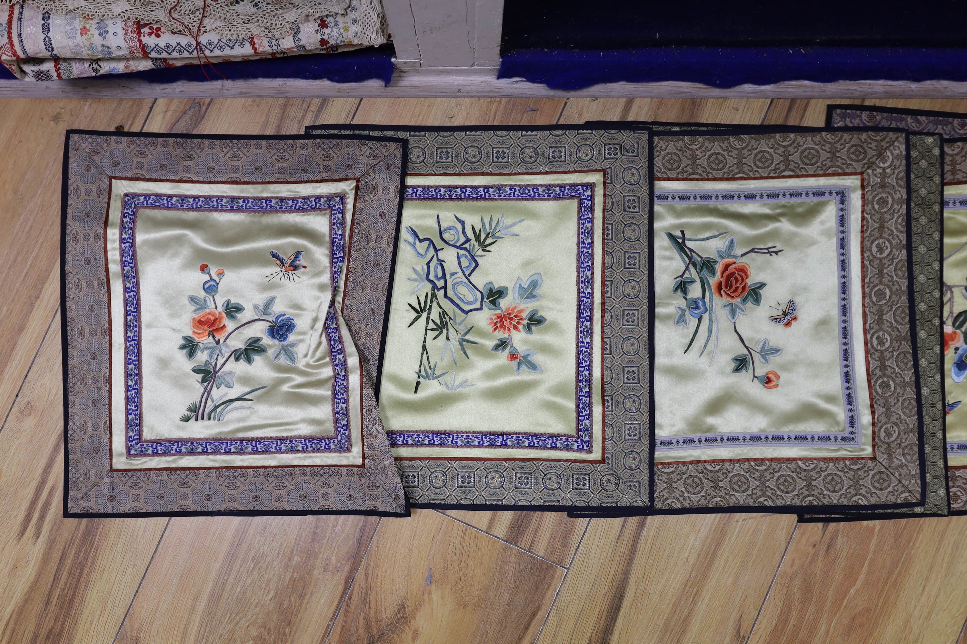 Eleven Chinese silk embroidered panels